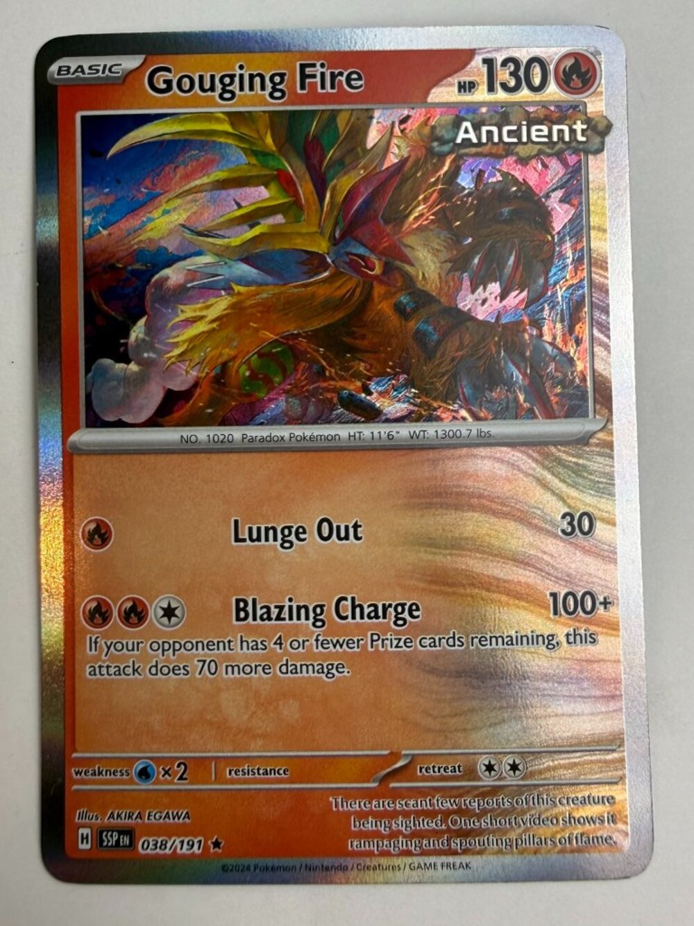 Pokemon Surging Sparks 2024 TCG Gouging Fire Holo Rare #38 Ancient 038/191 Fire